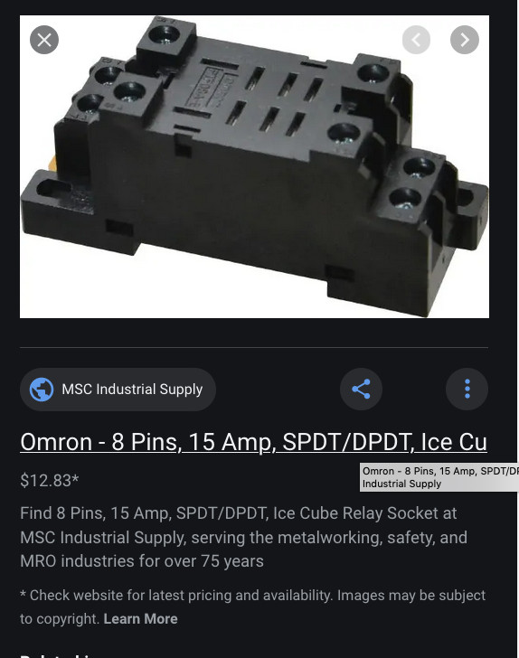 One OMRON Relay Base #1329H Max. 15A @ 240VAC