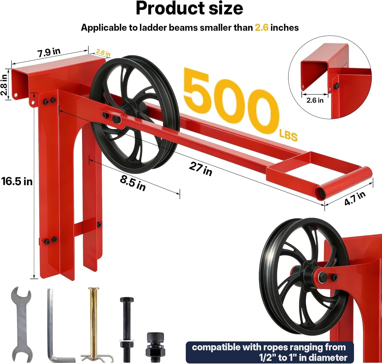 Hoisting Wheel w/ Long Handle 500 Lbs Universal Ladder Pulley Attachment Lifting
