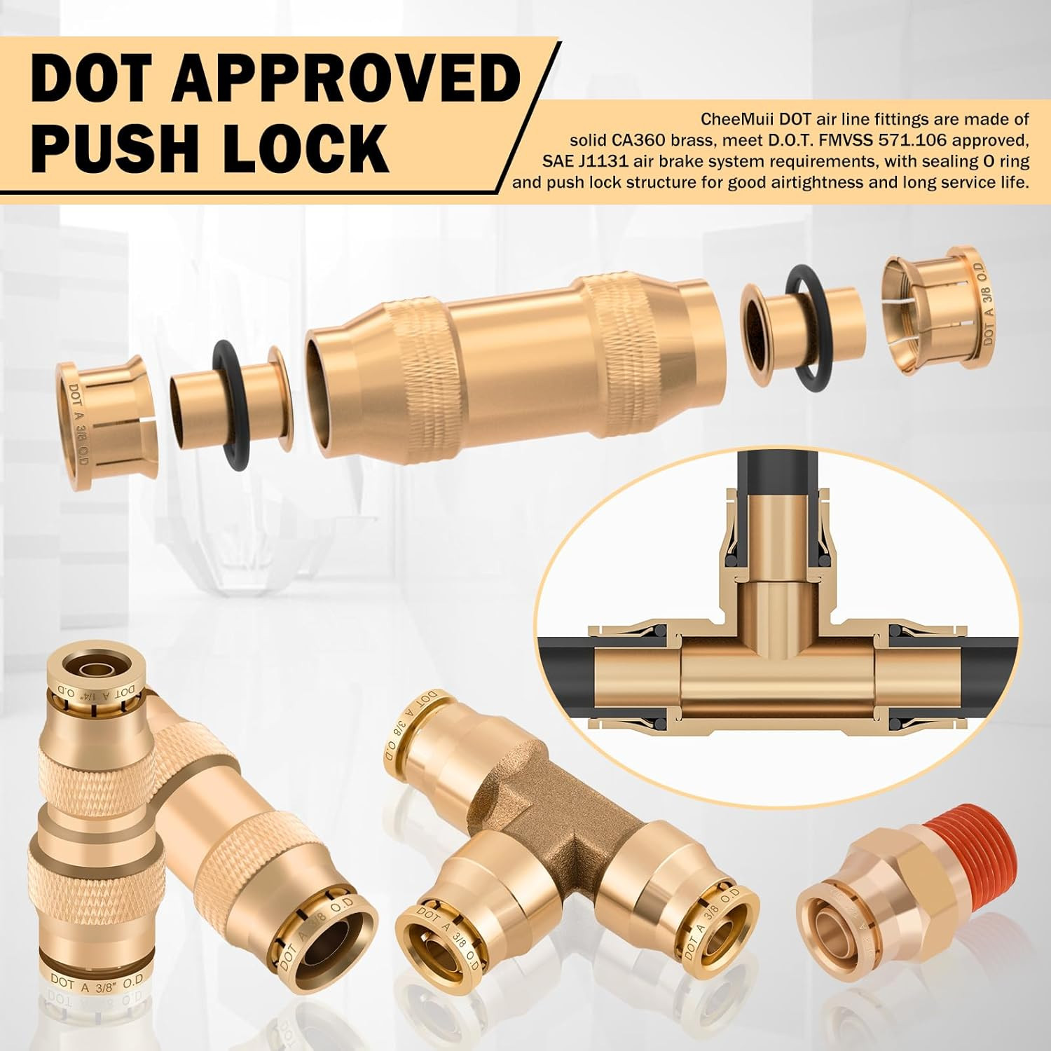 136 PCS Brass DOT Air Line Fittings Kit Push Lock DOT Air Fittings Push to Conne