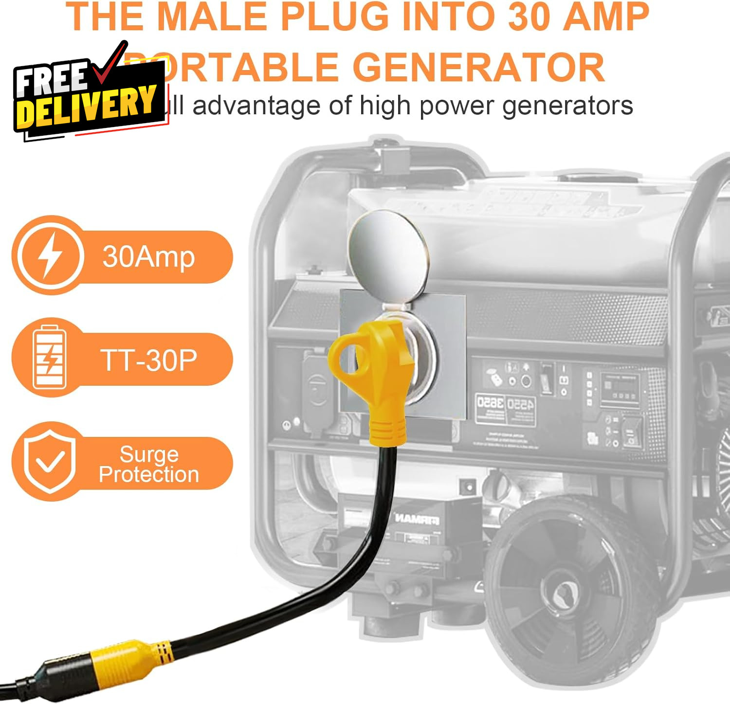 10Ft Generator Transfer Switch Adapter Cord NEMA TT-30P to L14-30R, 3 Prong 30 A