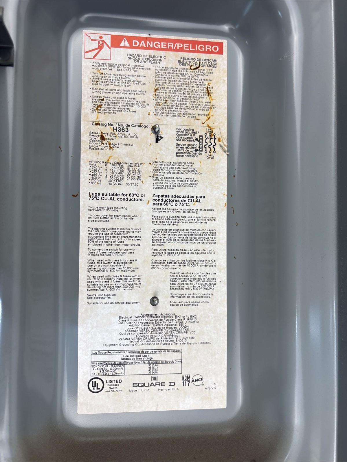 SQUARE D H363 FUSIBLE SAFETY SWITCH 3P 100 AMP 600 VAC 3Ø 75 HP