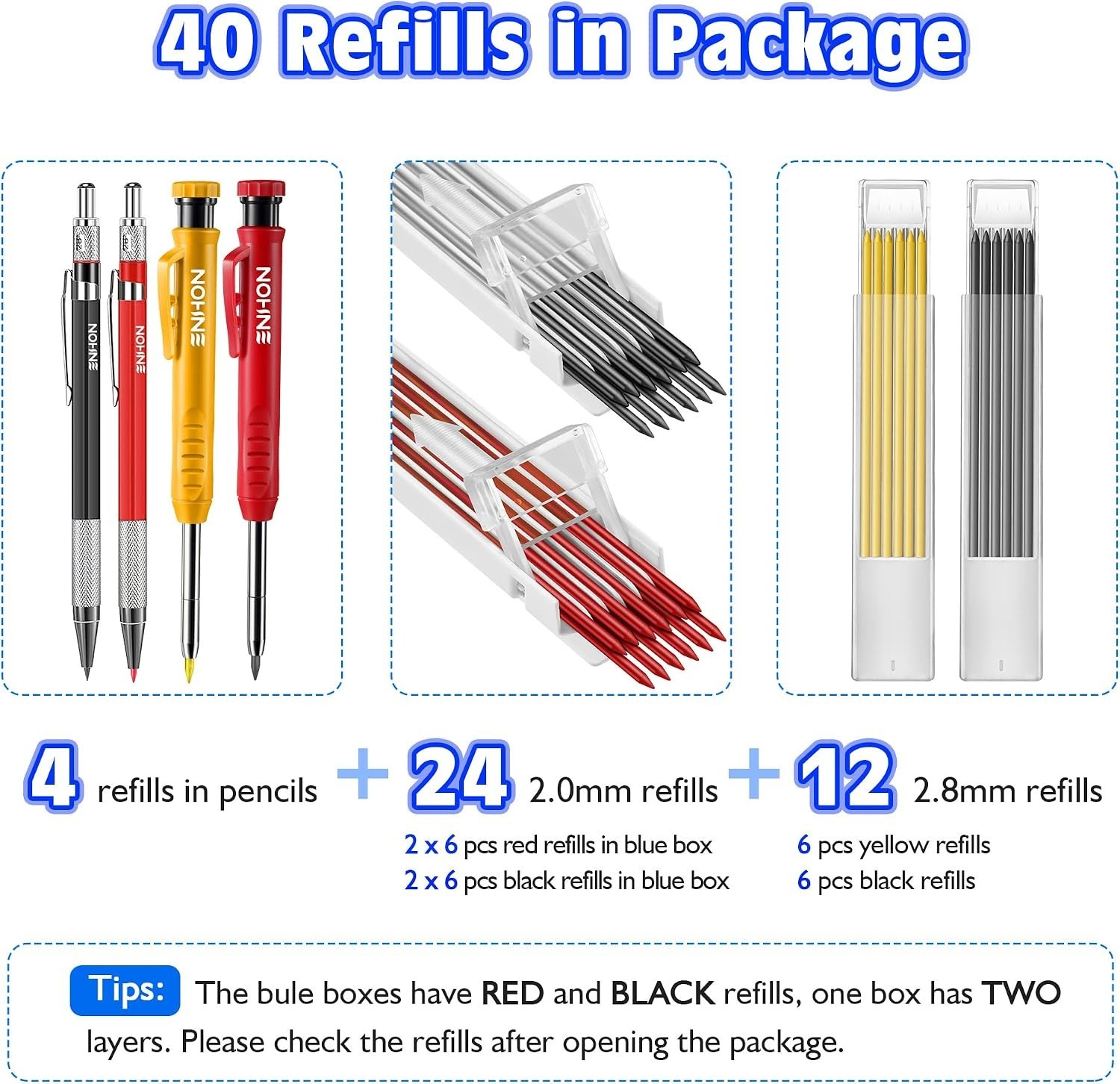 4 Pack Carpenter Pencil Set with Sharpener, Black/Red/Yellow | 45mm Deep- Tip…