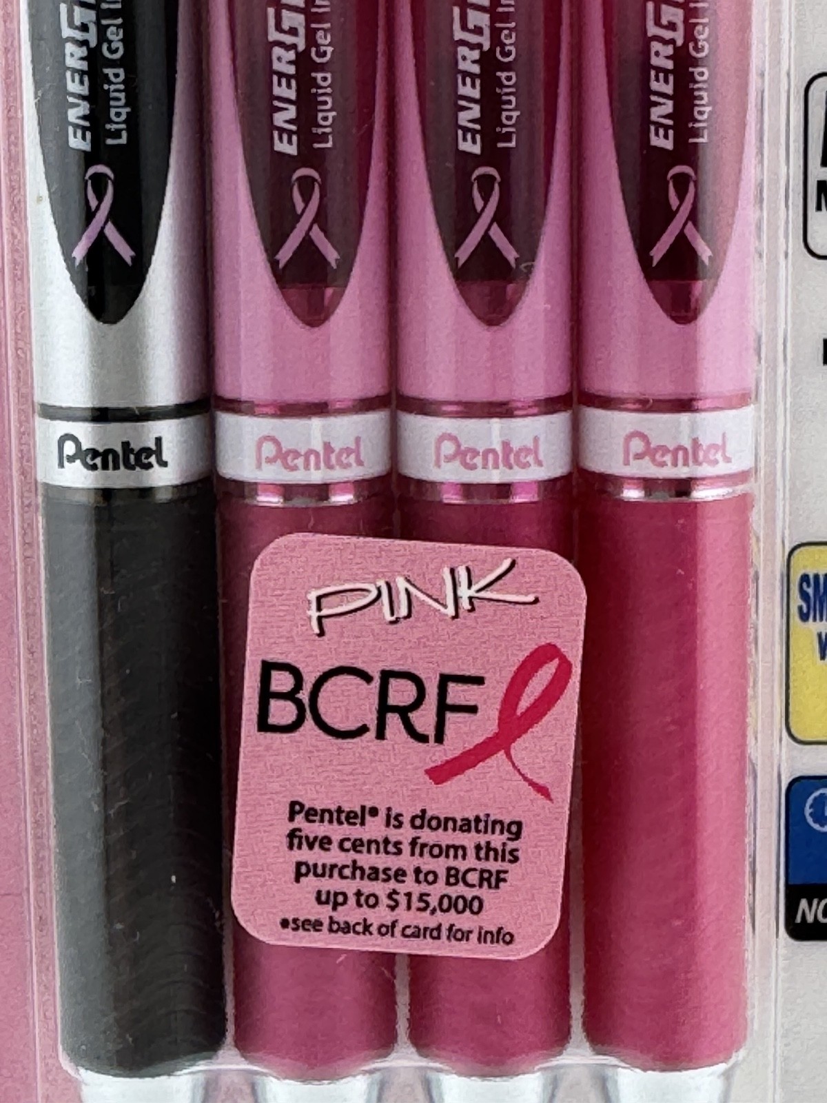 4 Pentel EnerGel RTX Gel Pens MEDIUM 0.7mm BLACK Ink LIQUID BCRF PEN CANCER PINK