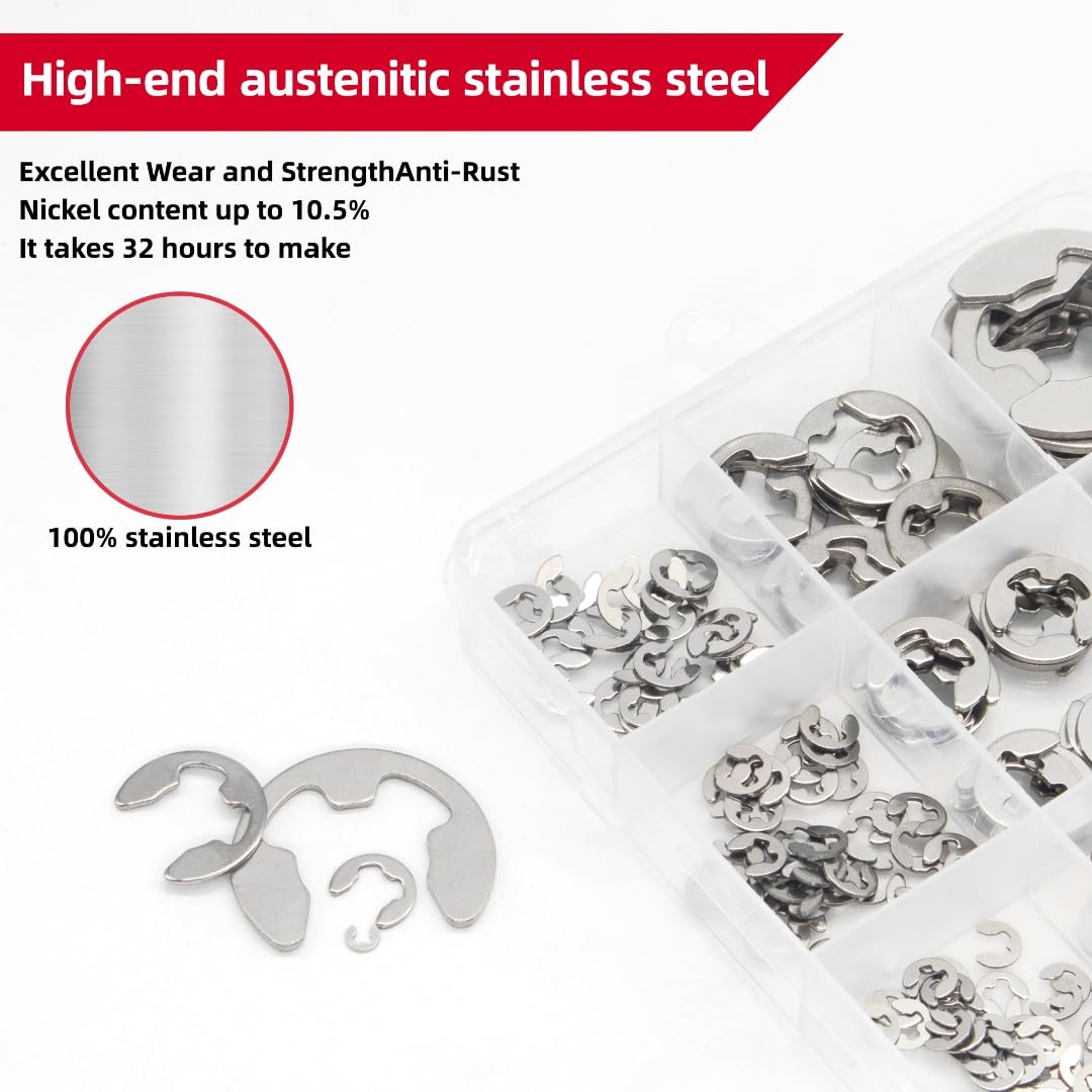 E-Clip Retaining Rings Set 415 Pcs 304 Stainless Steel 14 SAE Sizes M1.5-M15