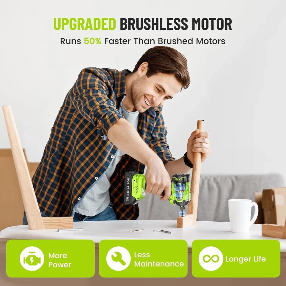 Brushless Impact Driver Drill Set, 20Psc Screwdriver Bits 2.0 Ah Variable Speed.