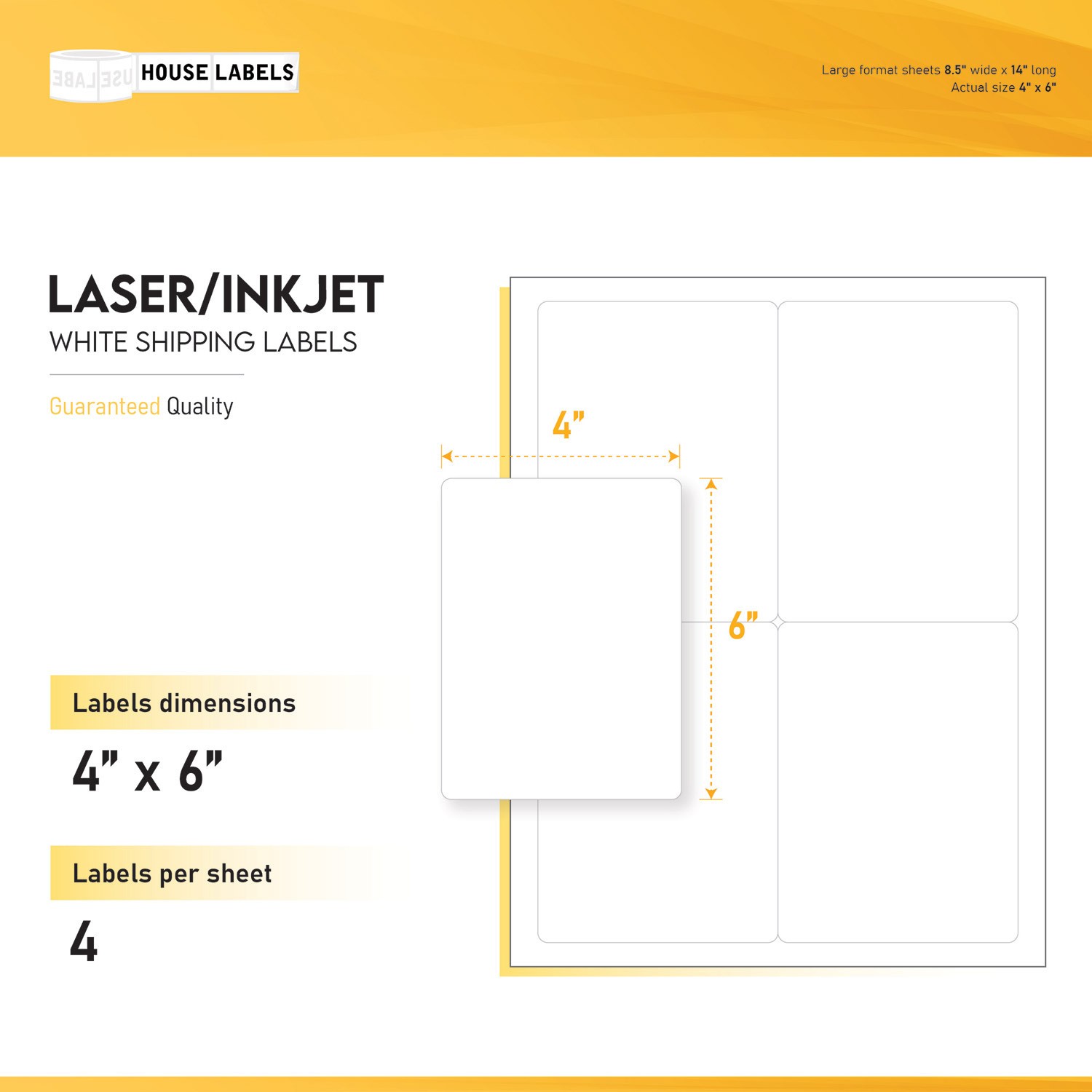 4×6 (4″ x 6″) 4 UP LARGE FORMAT LEGAL SIZE White Shipping Labels – (100) Sheets