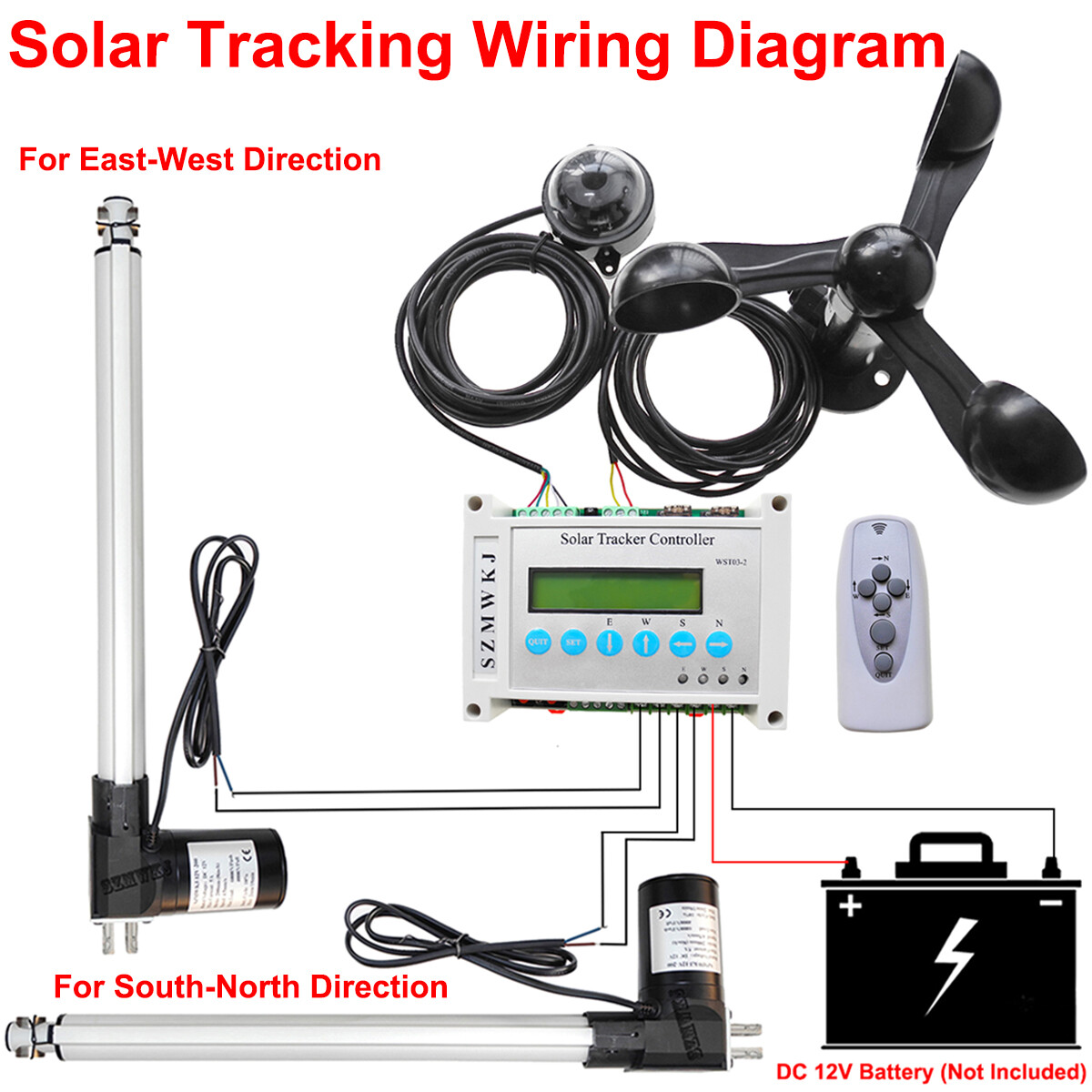 6000N Dual Axis Solar Panel Tracker Controller W/ Linear Actuator Anemometer Kit