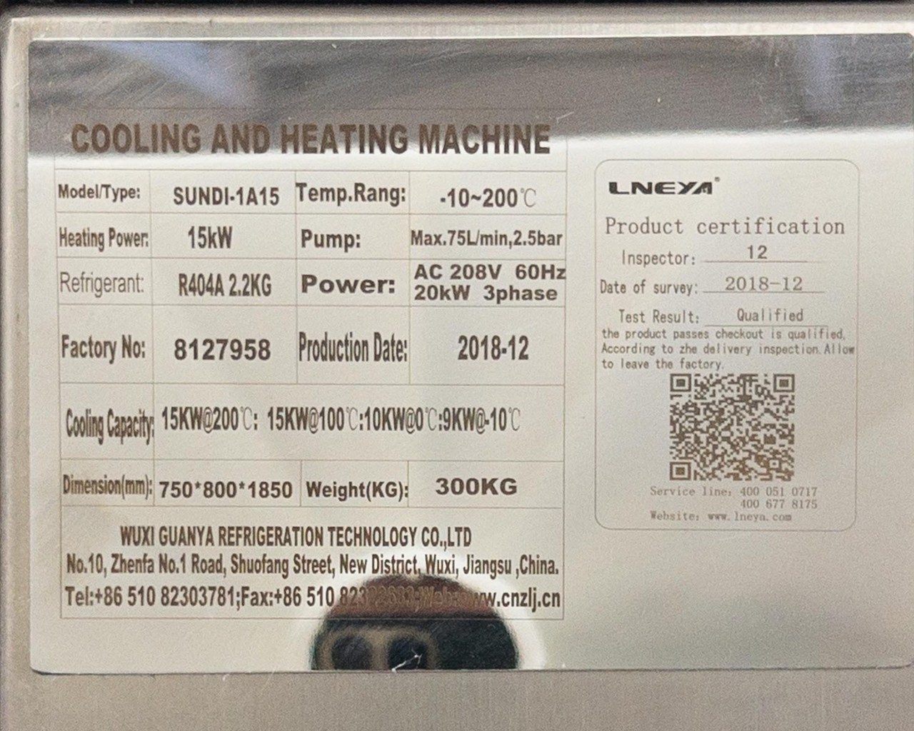 Lneya Sundi-1A15 Cooling Heating Chiller -10°C to 200°C 20kW 208V 3-Phase R404A