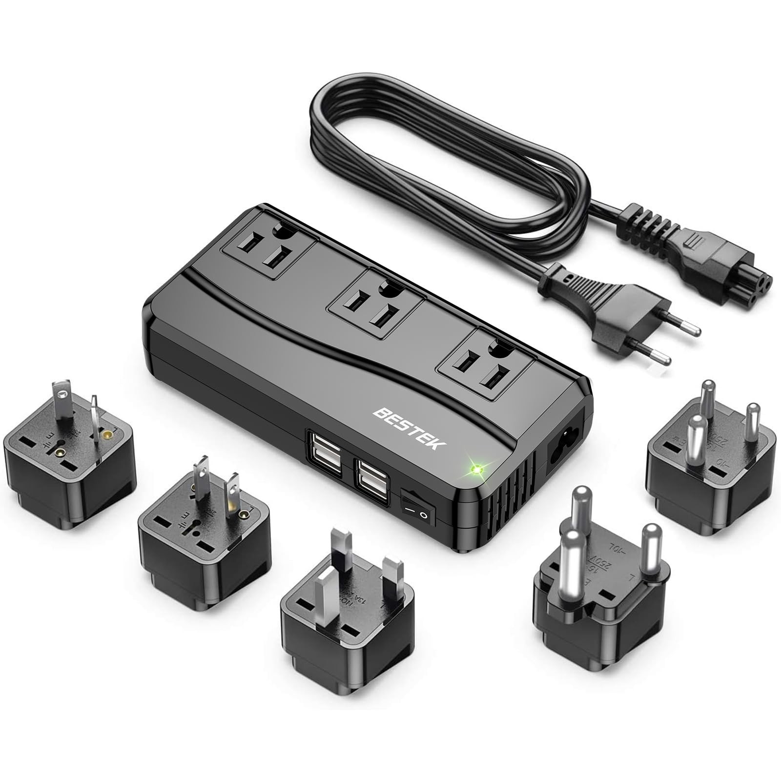 BESTEK 250W Power Converter 3-Outlet and 4-Port USB Travel Voltage Transforme…