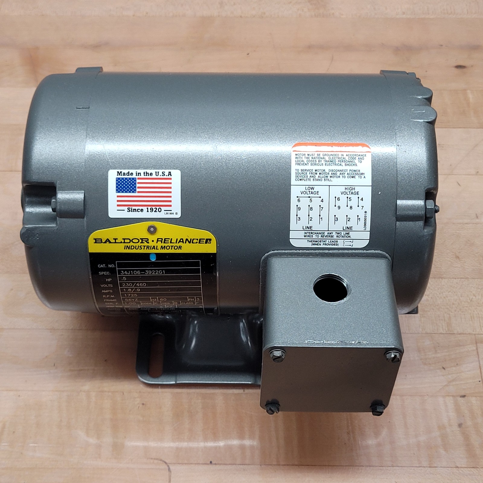 Baldor 34J106-3922G1 Motor, 3PH, 0.5HP, 1725RPM, 230/460V, 60Hz, 1.8/0.9A – NEW