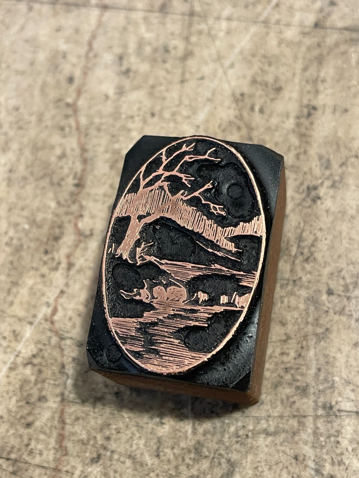 Printing Letterpress Print Block Antique Copper Stream View With Tree (3573)