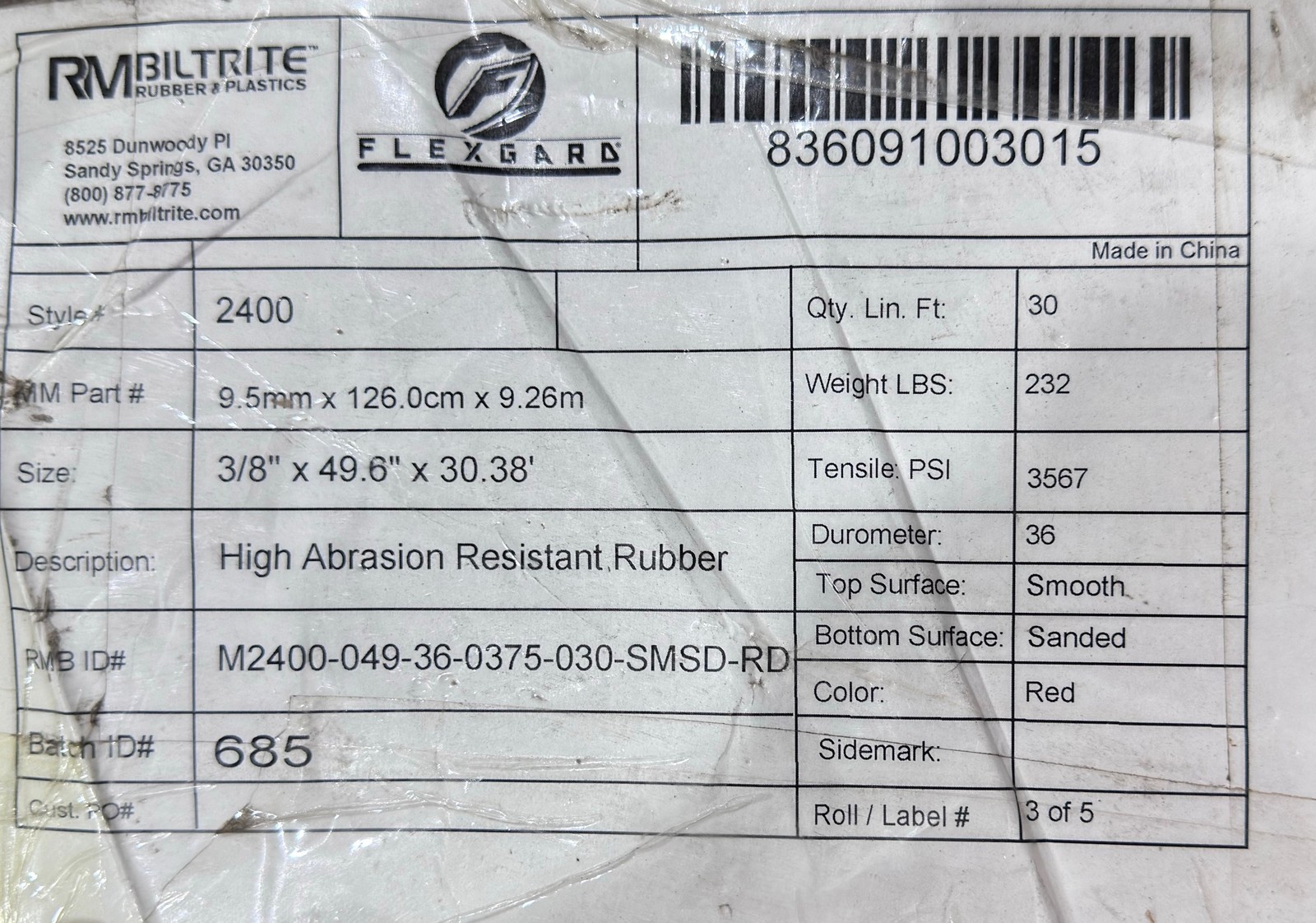 High Abrasion Resistant Rubber Roll – 49.6″ x 30′
