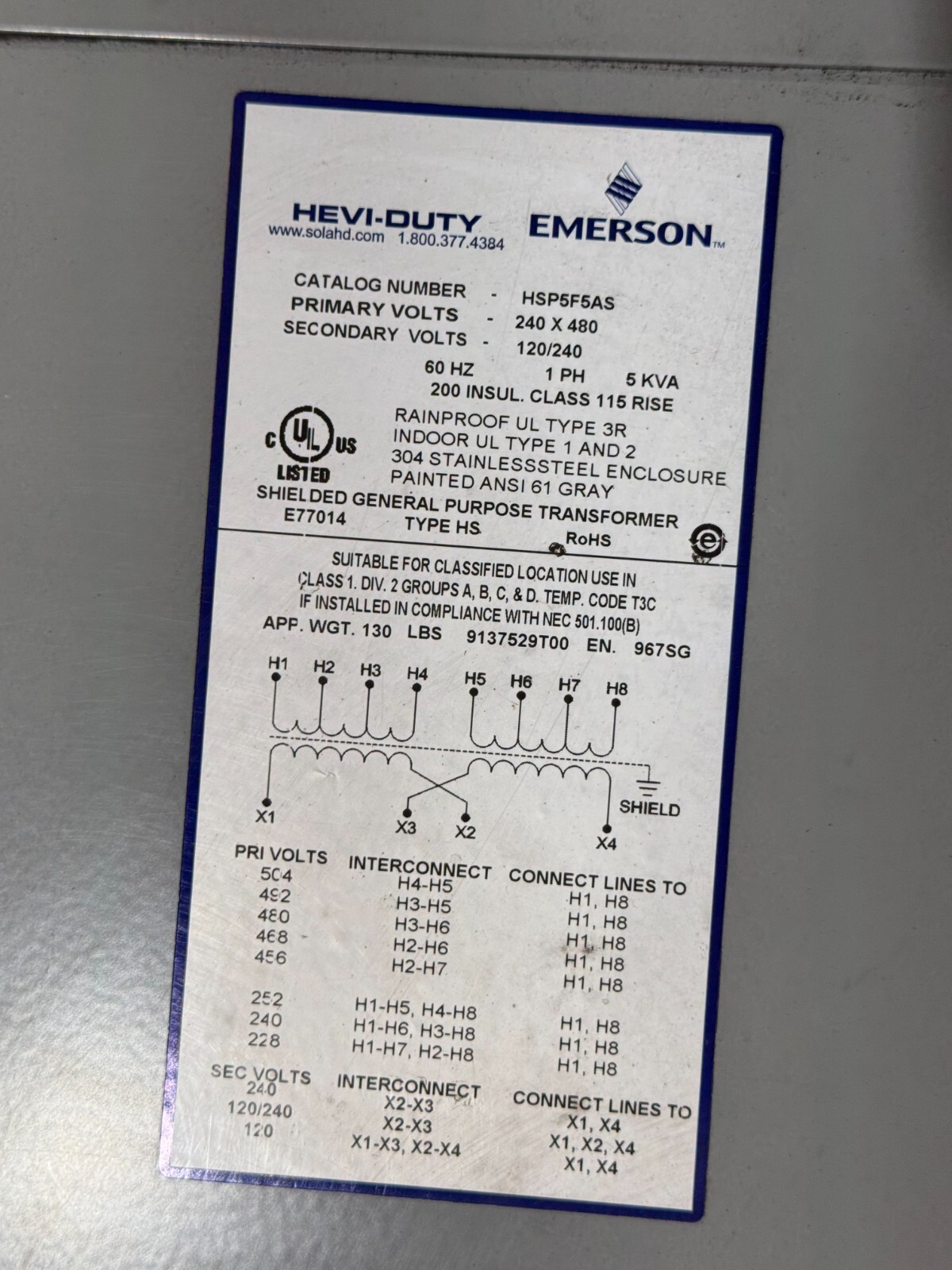 SolaHD Transformer HSP5F5AS 5KVA 240X480-120/240 SS ANSI 61 NEW