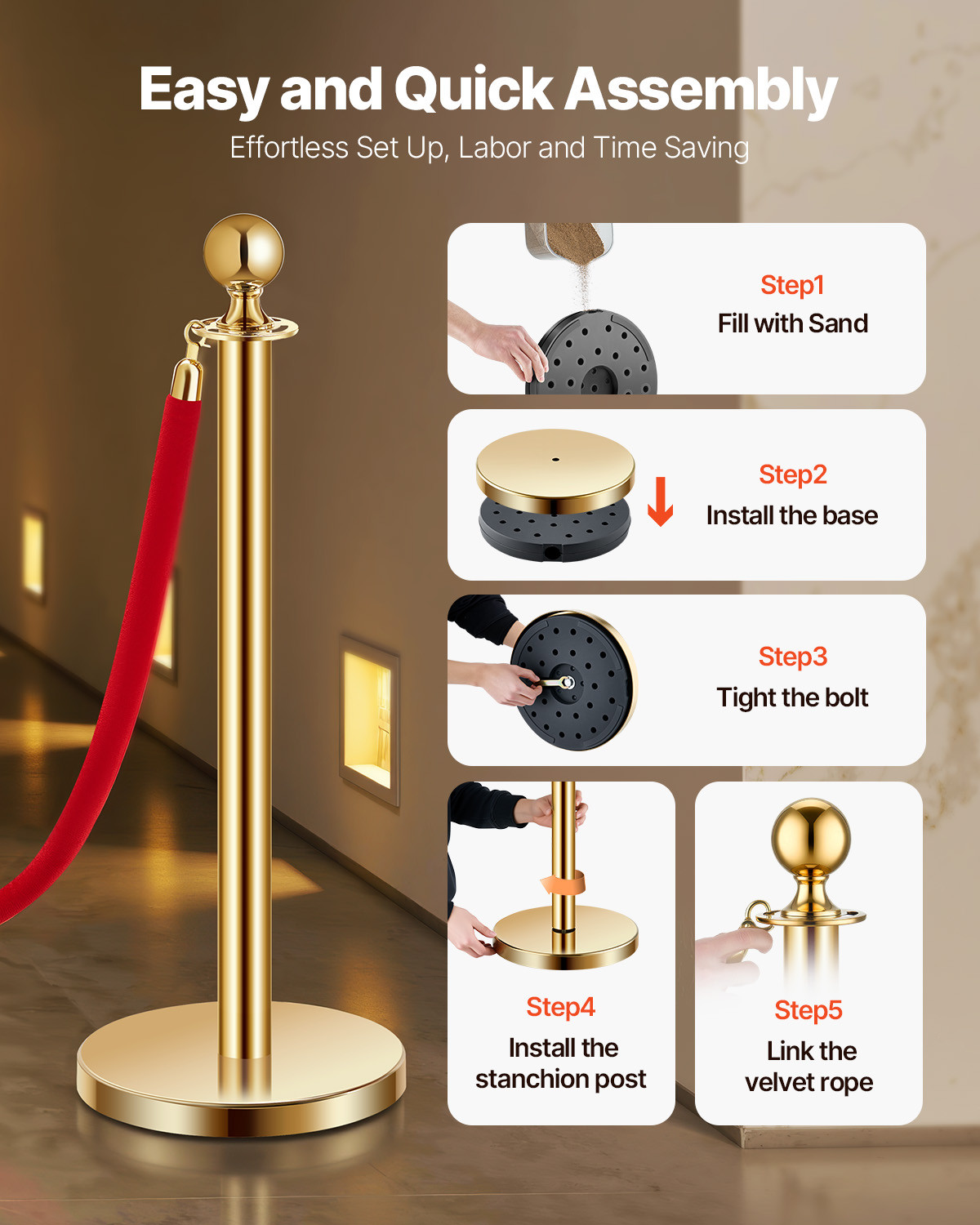 4-8 Pcs Gold Stanchion Post 2/3/4/6 Ropes/Belts Sand Injection Hollow Base