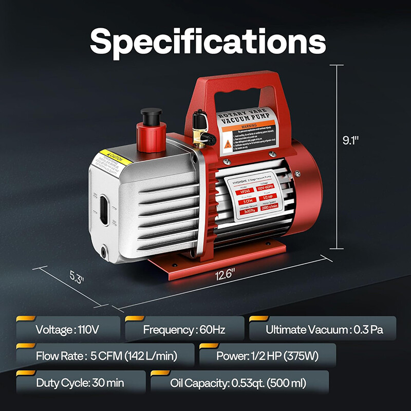 1/2 HP 5 CFM Vacuum Pump Air Conditioning Vacuum Pump 2 Stage Rotary Vane HVAC