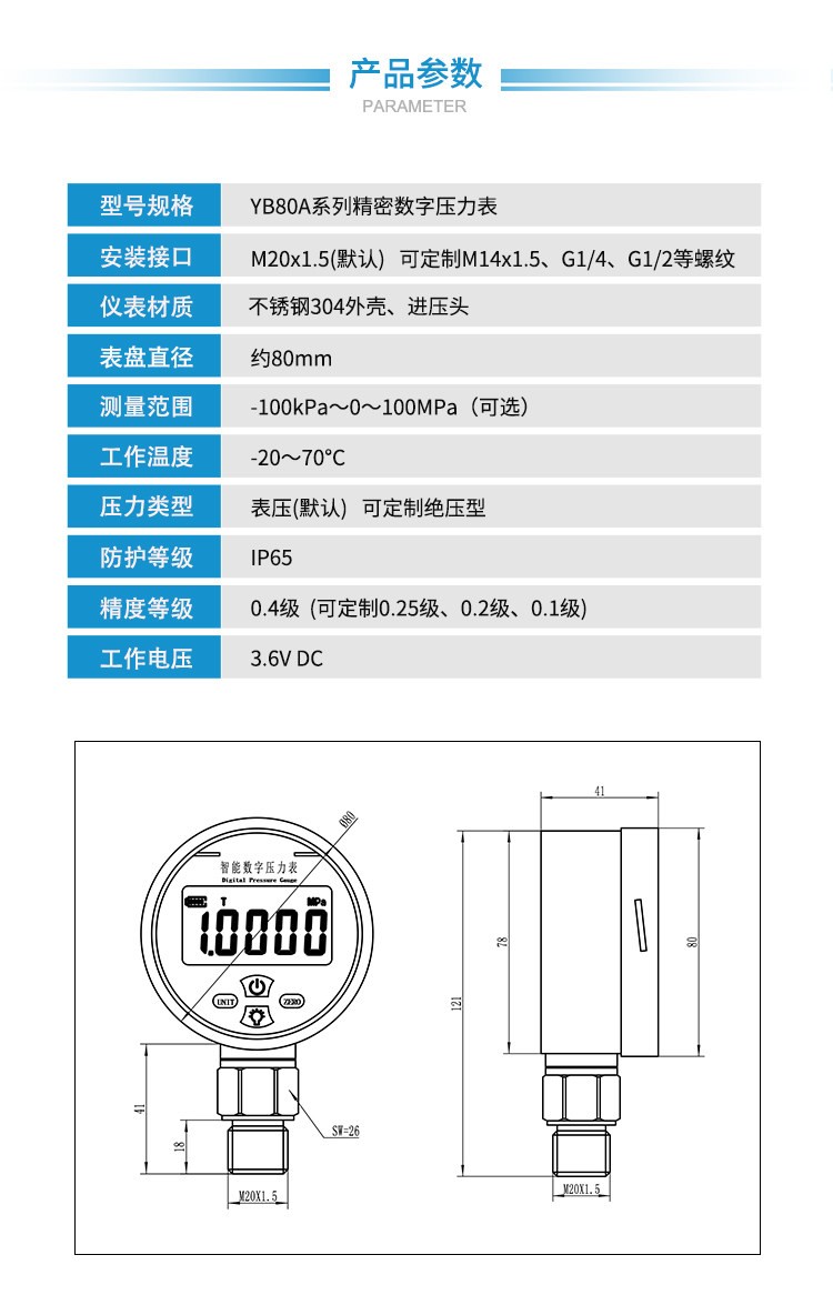 YB-80A Digital Pressure Gauge Peak Memory Positive Negative