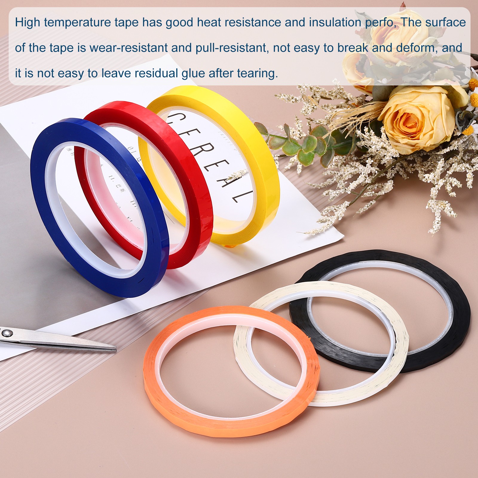 2 Rolls Dark Yellow 0.4″ x 55 Yard PET Film Electrical Tape High Temperature 50m