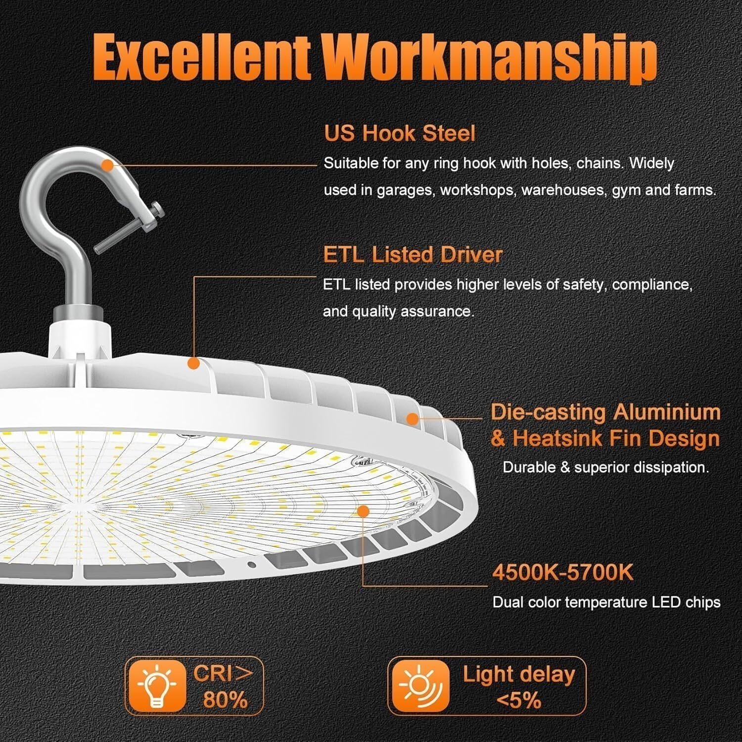 LED UFO High Bay BI Light 240W 200W 150W CCT 4500K to 5700K 100~277V Shop Light
