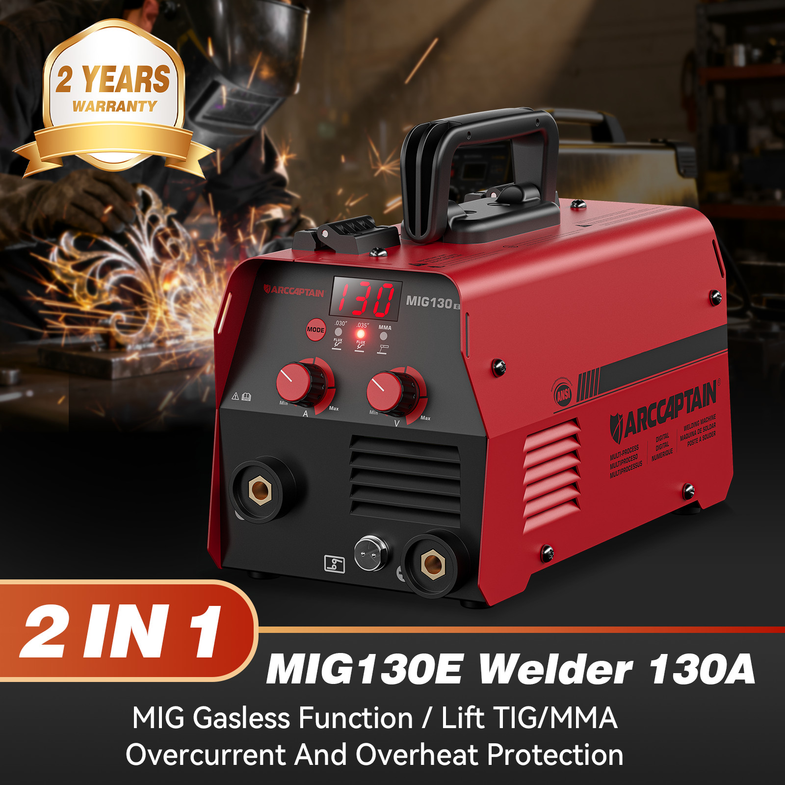 ARCCAPTAIN MIG130 130A 3-in-1 MIG/TIG/MMA Welder w/Digital Screen, O.C O.H Prote