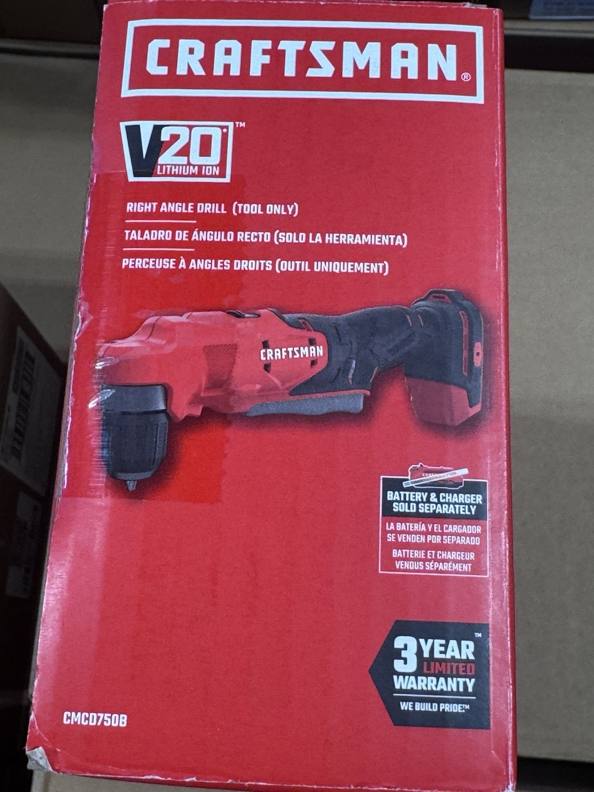 Craftsman V20 Cordless 3/8-Inch Right Angle Drill (Tool Only) CMCD750B – New
