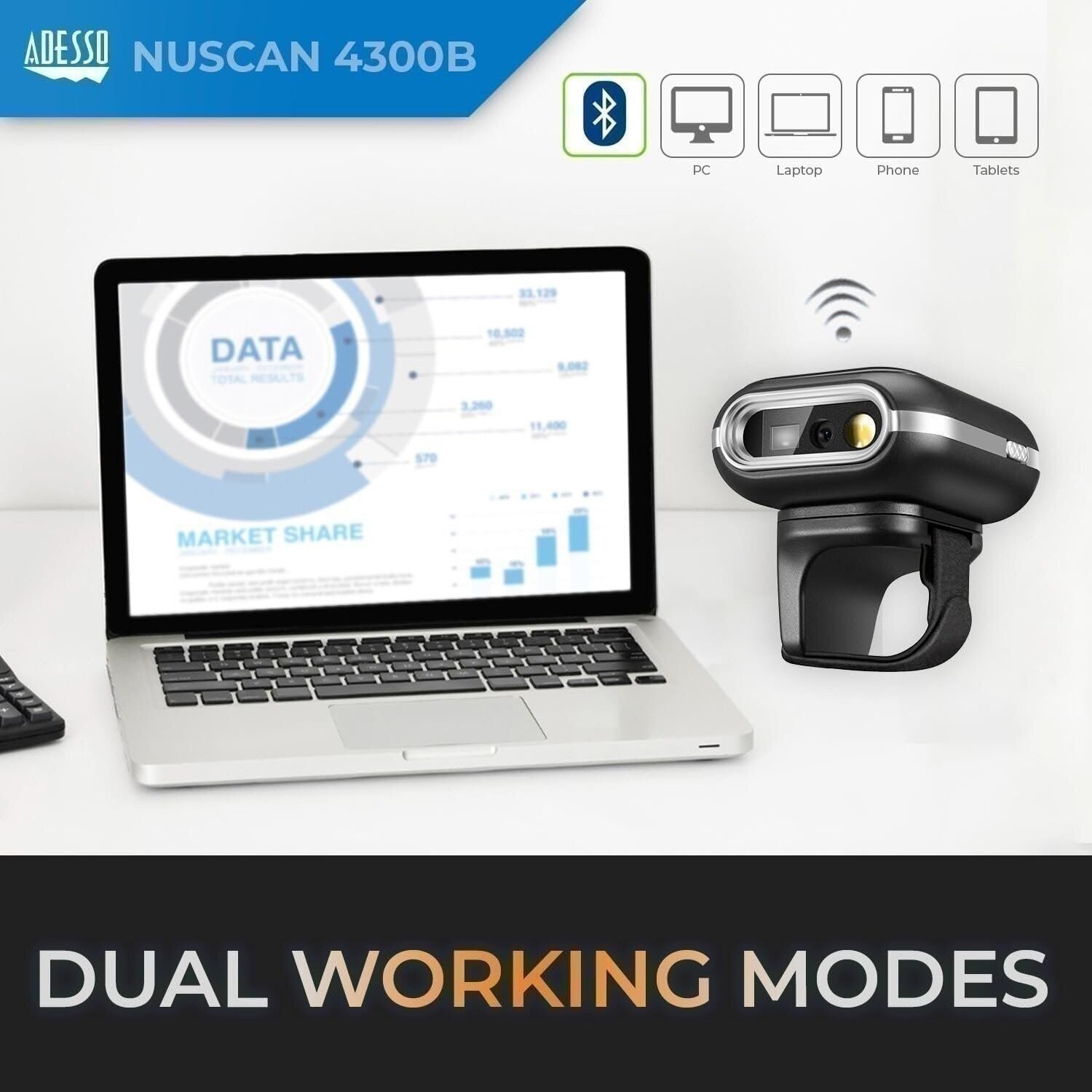 Adesso NuScan 4300B 2D Bluetooth Wireless Ring Finger Barcode Scanner…