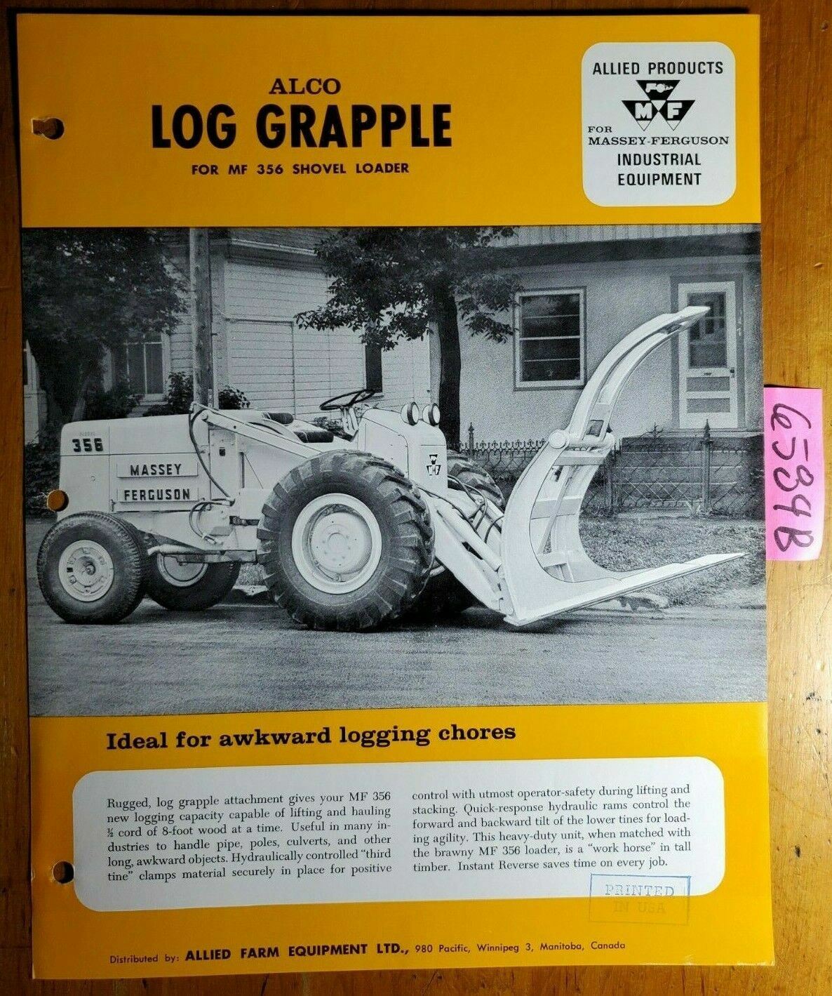 Alco Allied Log Grapple for Massey Ferguson MF 356 Shovel Loader Brochure