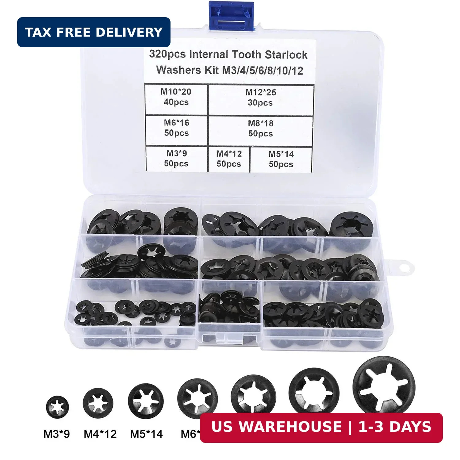 7 Sizes 320PCS Internal Tooth Starlock Washers,Quick Speed Locking Washers, Push