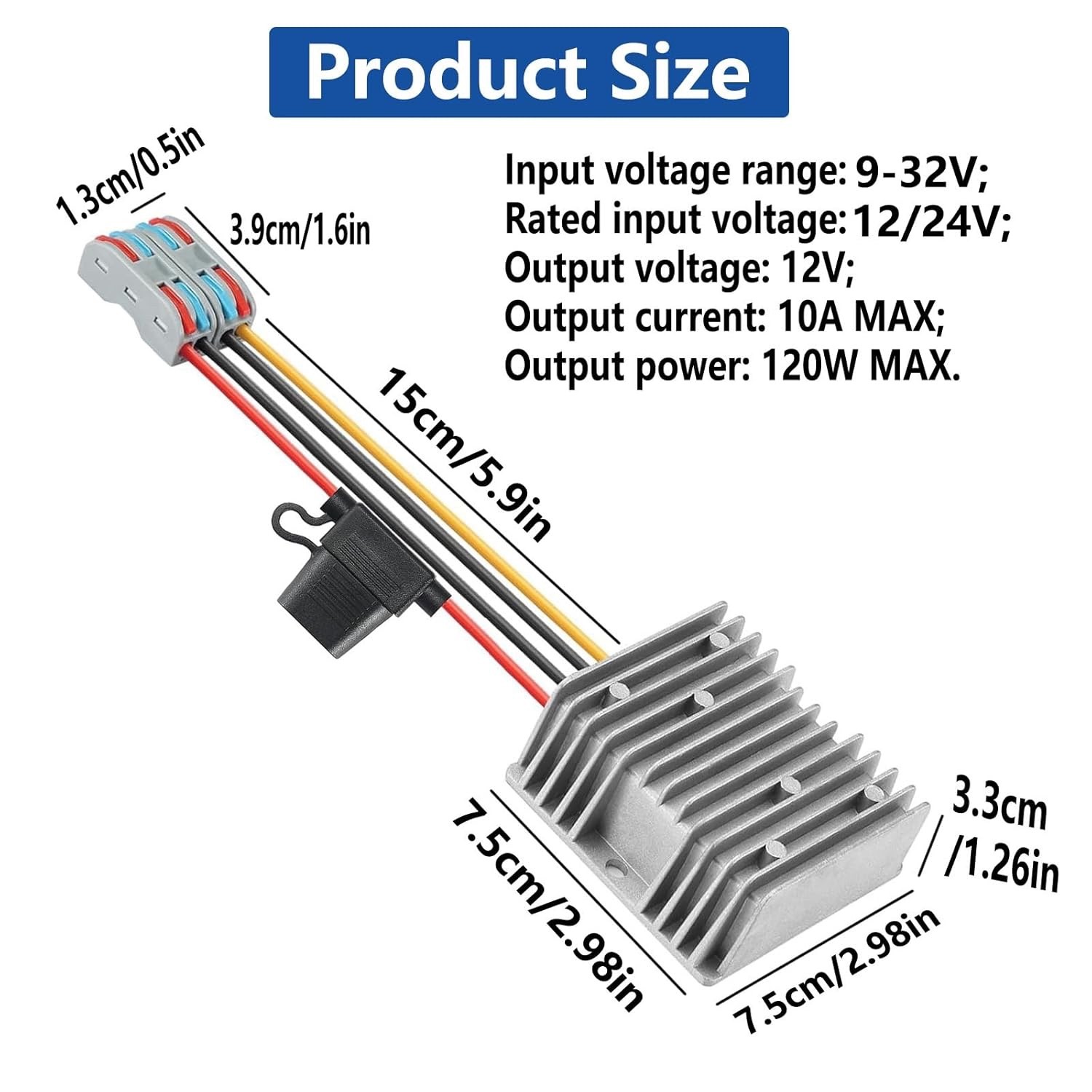 9-32V to 12V10A DC Down Converter, DC Voltage Regulator with Waterproof Fuse and