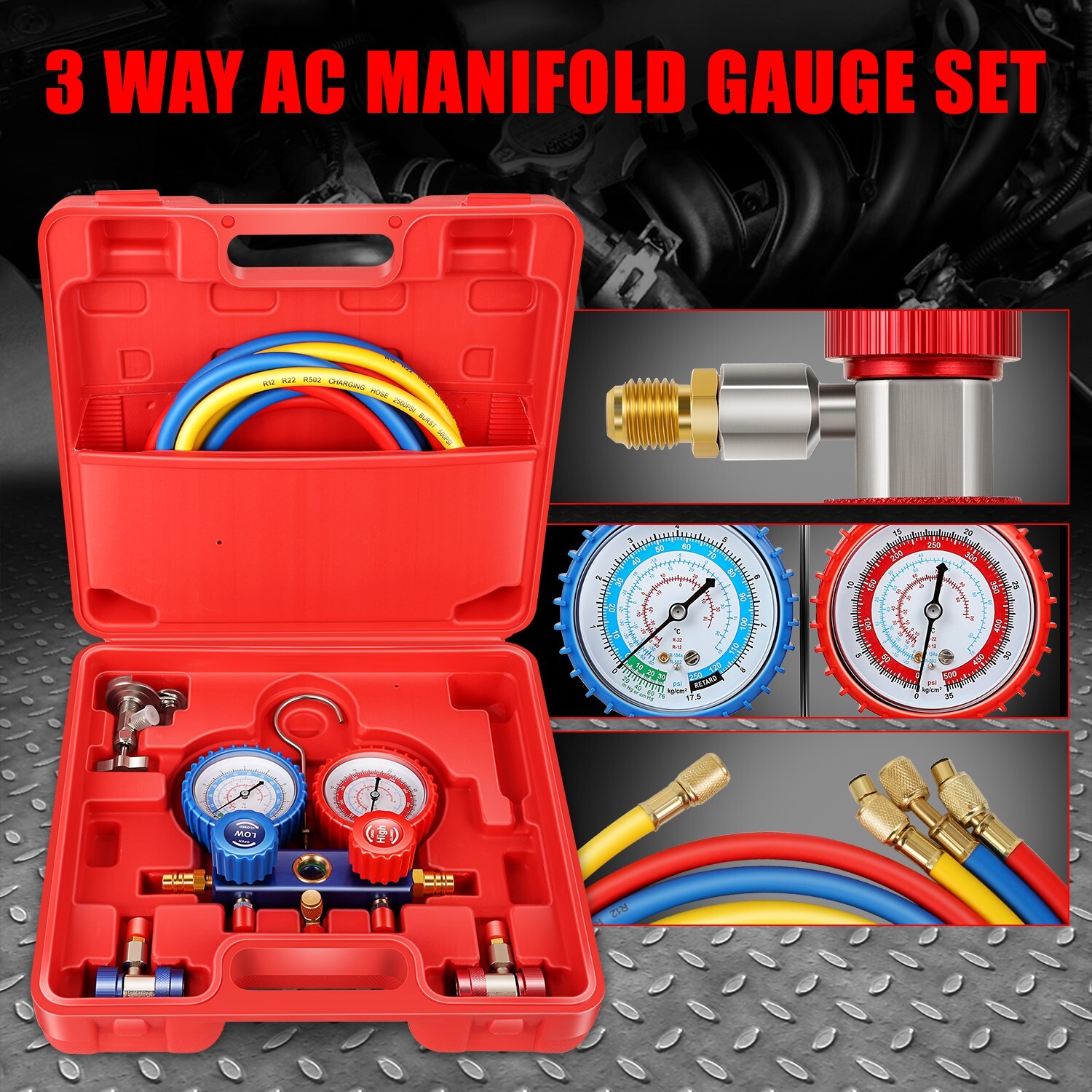 For R134A R-22 R410A R404A Refrigeration Charging 3 Way AC Manifold Gauge Set