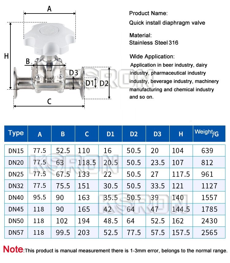 DN50MM 2” Sanitary Tri-Clamp Diaphragm Valve Manual SS316 Quick-load Valve