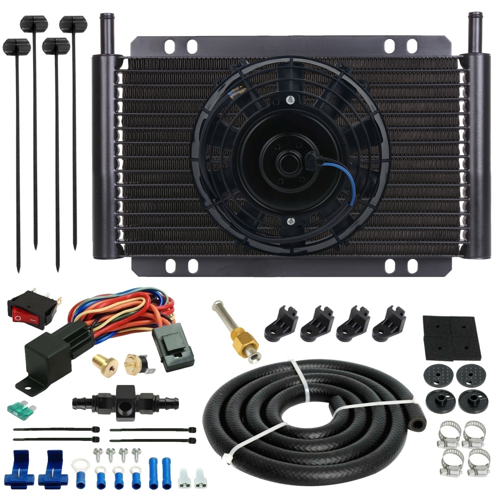 15 ROW TRANS-MISSION OIL COOLER FAN 6AN HOSE LINE THERMO TEMP-ERATURE SWITCH KIT
