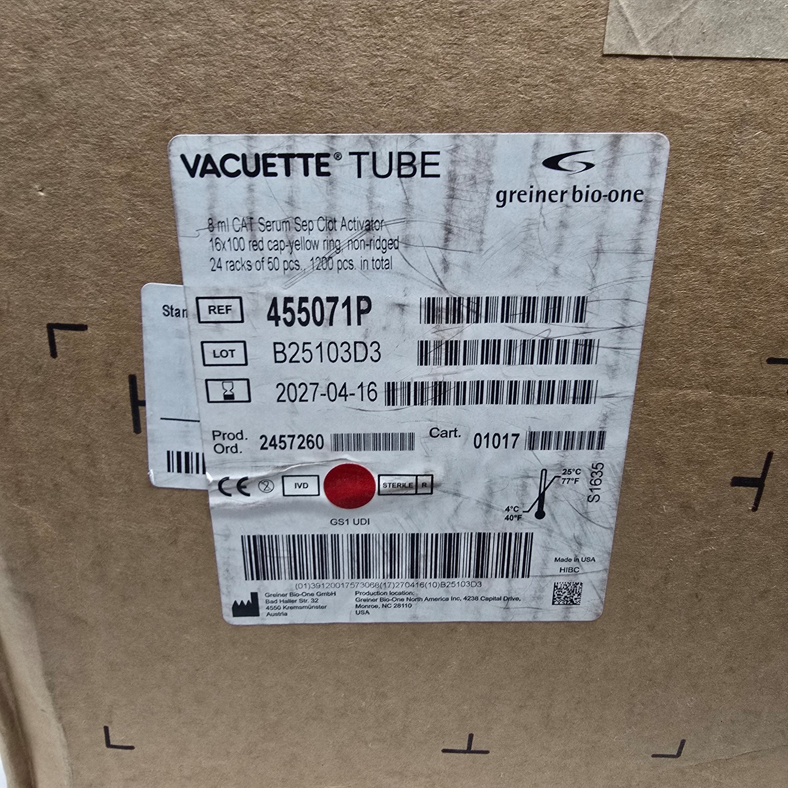 1200 pcs Vacuette Tube 455071P, 8ml CAT Serum Sep Clot Activator , 2027-04-16