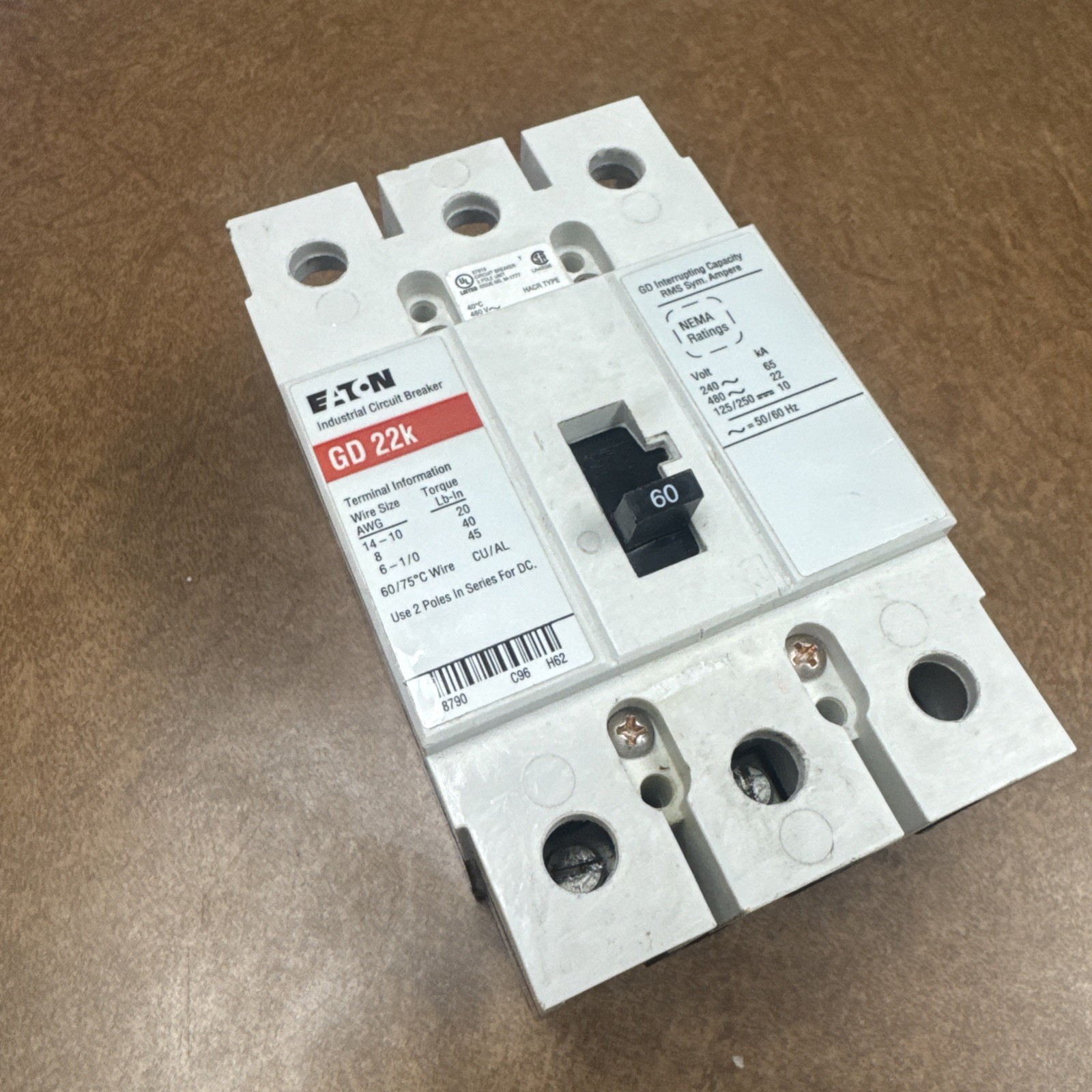 EATON GD22K 60A 3-Pole Circuit Breaker Lightly Used, 3 Pole AC Or 2 Pole DC