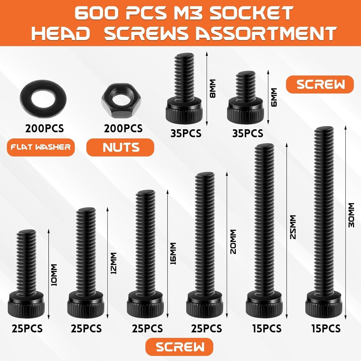 M3 Screws Assortment – 600 Pcs Black Zinc Plated Hex Head Set for All Repairs