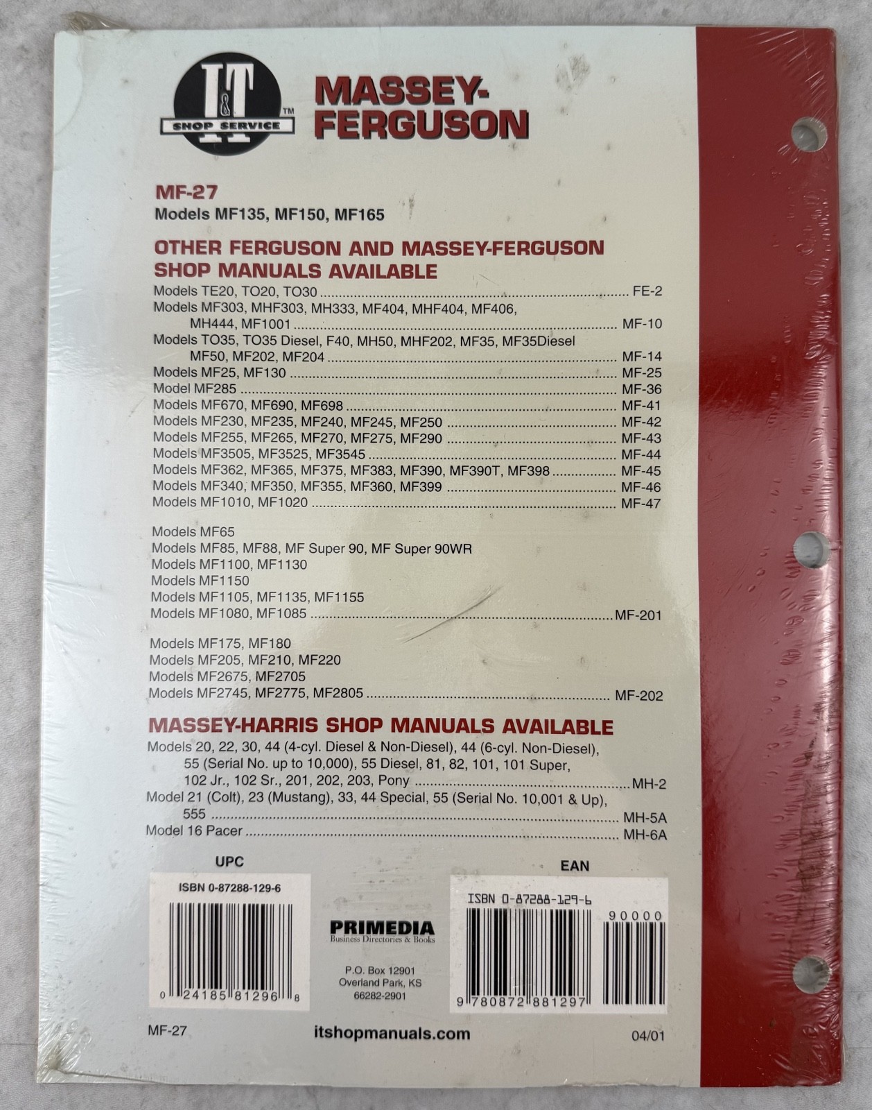 Massey Ferguson MF27 I&T Shop Service Manual Models MF135, 150, 165 Gas + Diesel