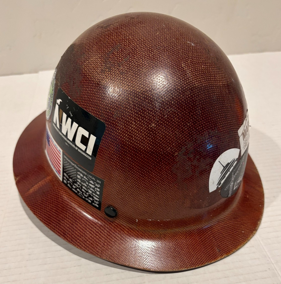 MSA Skull Gard Full Brim Brown Hard Hat w/Union Construction Decals Used w/Wear