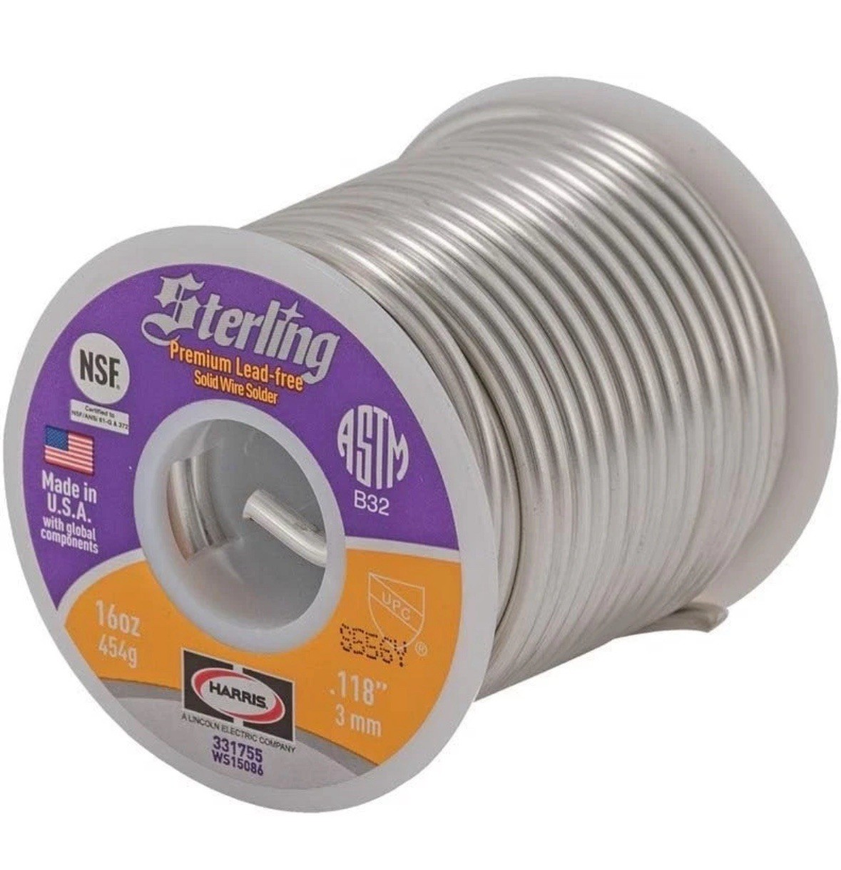 16oz LEAD-FREE SOLDER plumbing HARRIS PRODUCT .118″ 3mm STERLING 454g MADE inUSA