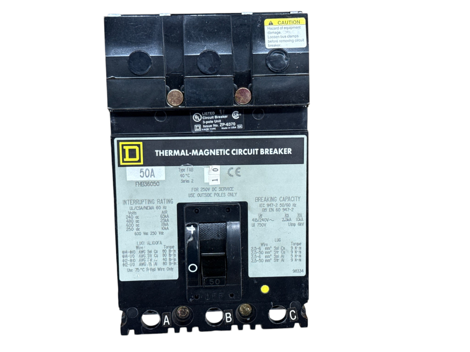 SQUARE D FHB36050 50A 3-POLE 600V FH F-FRAME I-LINE 25KA@480V CIRCUIT BREAKER