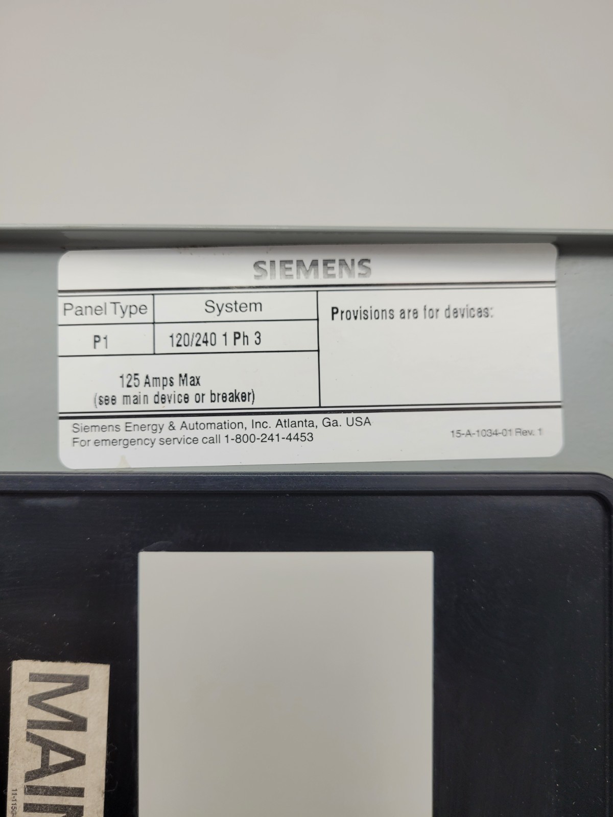 P1 Siemens 18 Circuit 125 Amp 120/240V 1 Phase Main Breaker Panel Interior