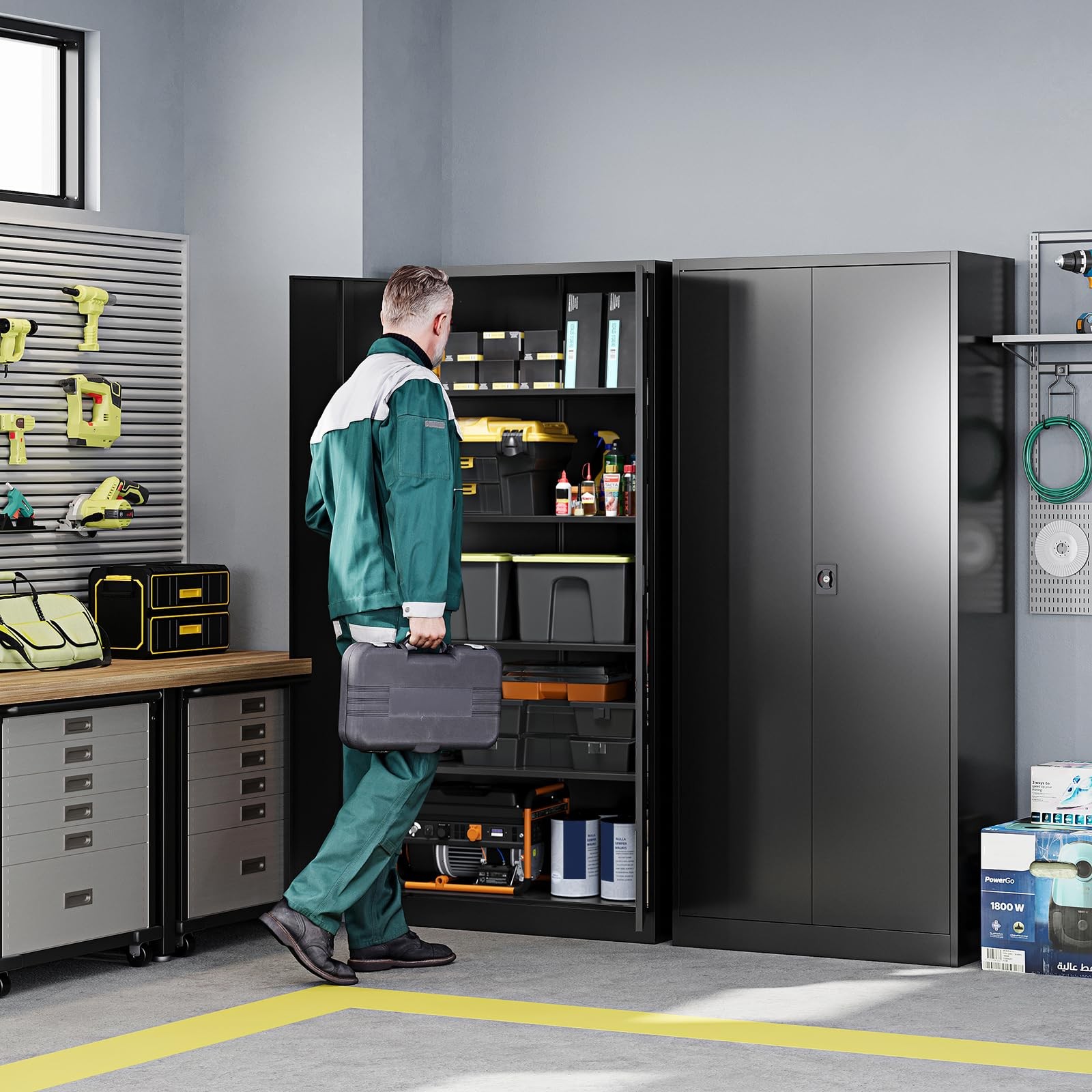 Steel Garage Tool Cabinet Locking Adjustable Shelves Home Office Warehouse Black