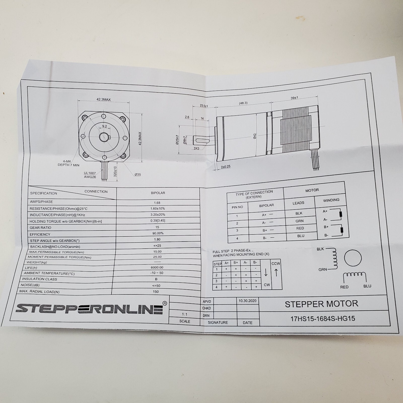 STEPPERONLINE 17 Stepper Motor Nema 15:1 3D Printer DIY CNC 17HS15-1684S-HG15