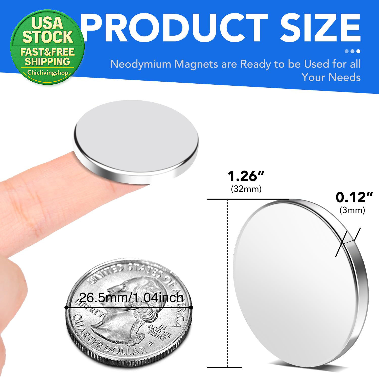 Neodymium Disc Magnets 1.26 Inch Diameter Rare Earth Strong Adhesive 6 Pack