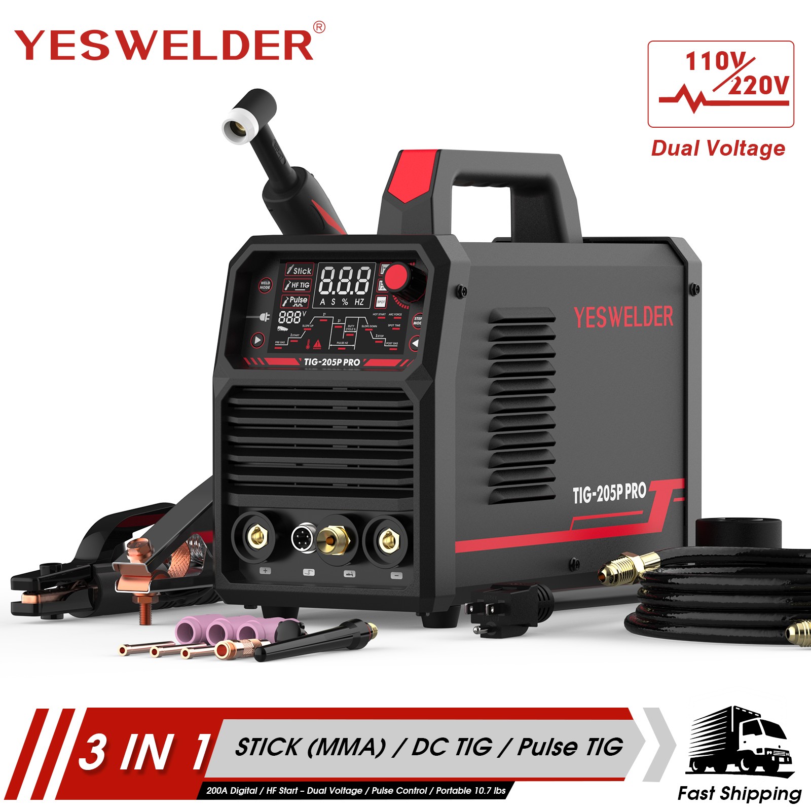205A Pulse TIG Welder with Large LED Display, 3-in-1, Dual Voltage 110V/220V