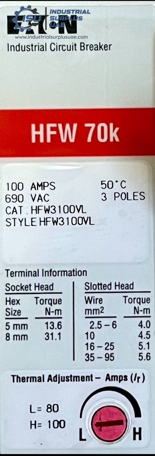 Eaton HFW3100VL Series C Industrial Circuit Breaker 100 Amps 3 Pole HFW 70k #New