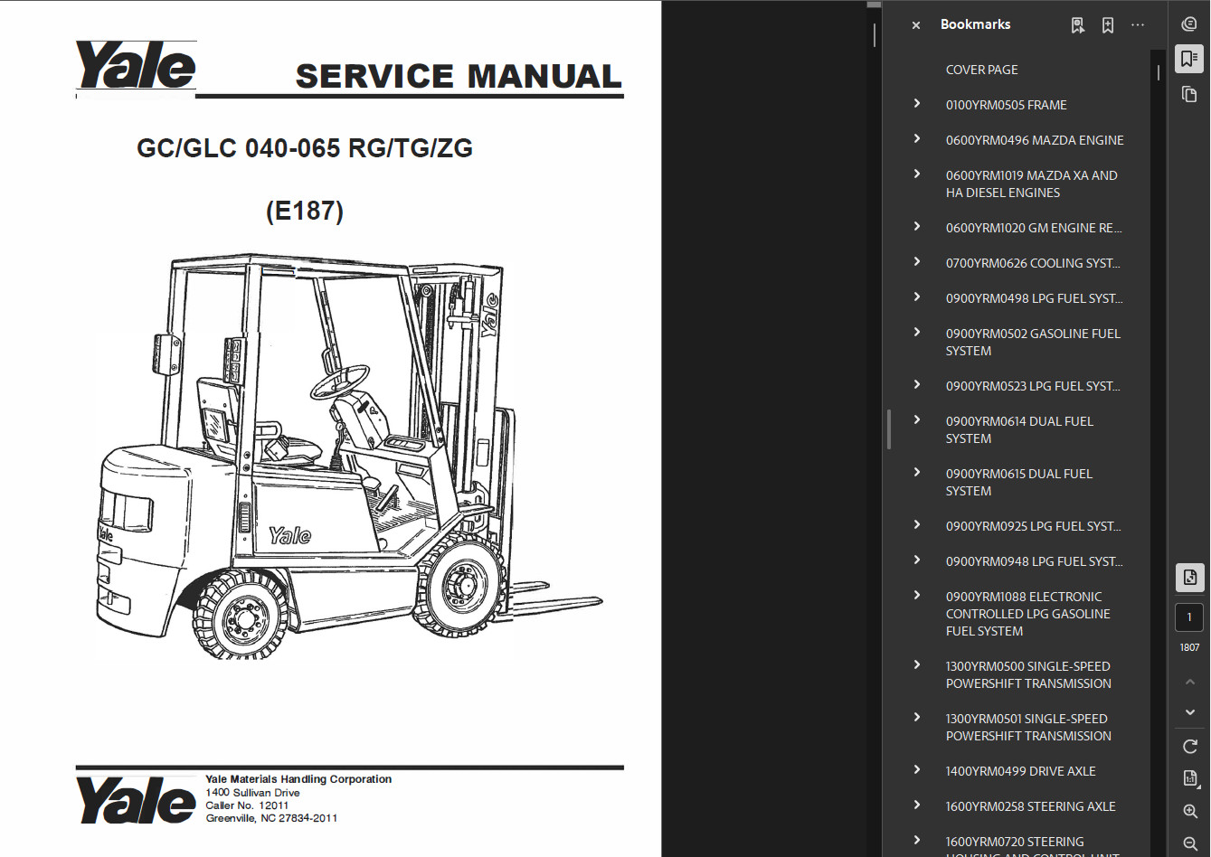 YALE E187 GLC050TG FORKLIFT SERVICE REPAIR MANUAL PDF ON USB NOT PRINTED
