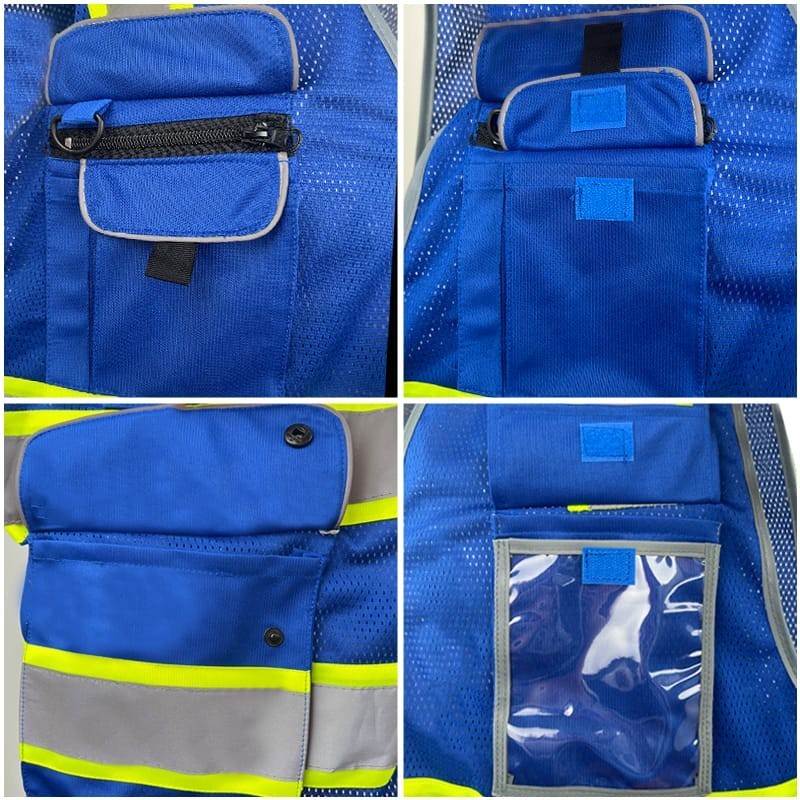 FX Class2 Hi-Vis Reflective Safety Vests with 6 Pockets and Zipper Front Blue .
