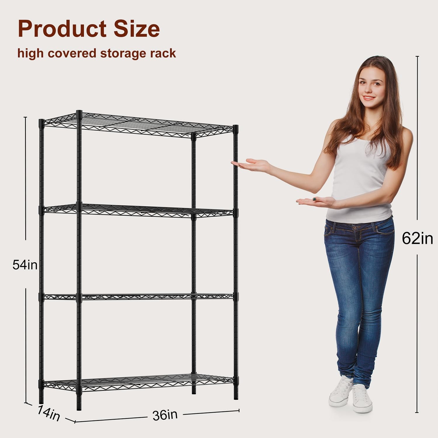 BestOffice | 4-Tier Wire Shelf | 36″ x 14″ x 54″ | 36″D x 14″W x 54″H, Black