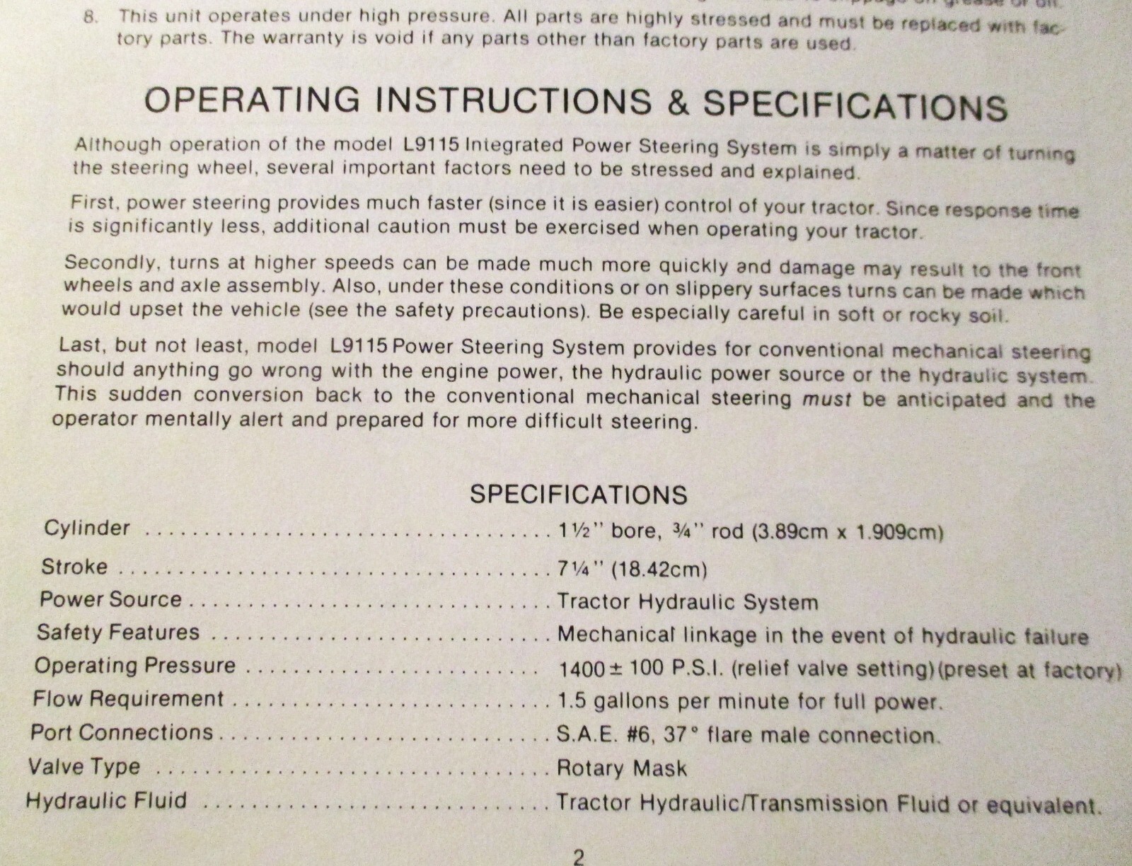 Kubota L9155 Power Steering Unit for L245F Tractor Parts Owners Operators Manual