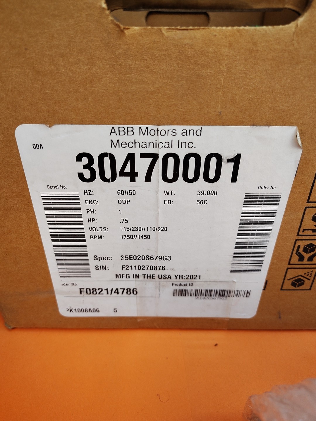 Baldor Reliance Super E Motor 35E020S679G3 .75 HP 1750/1450 RPM PH 1 ABB 115/230