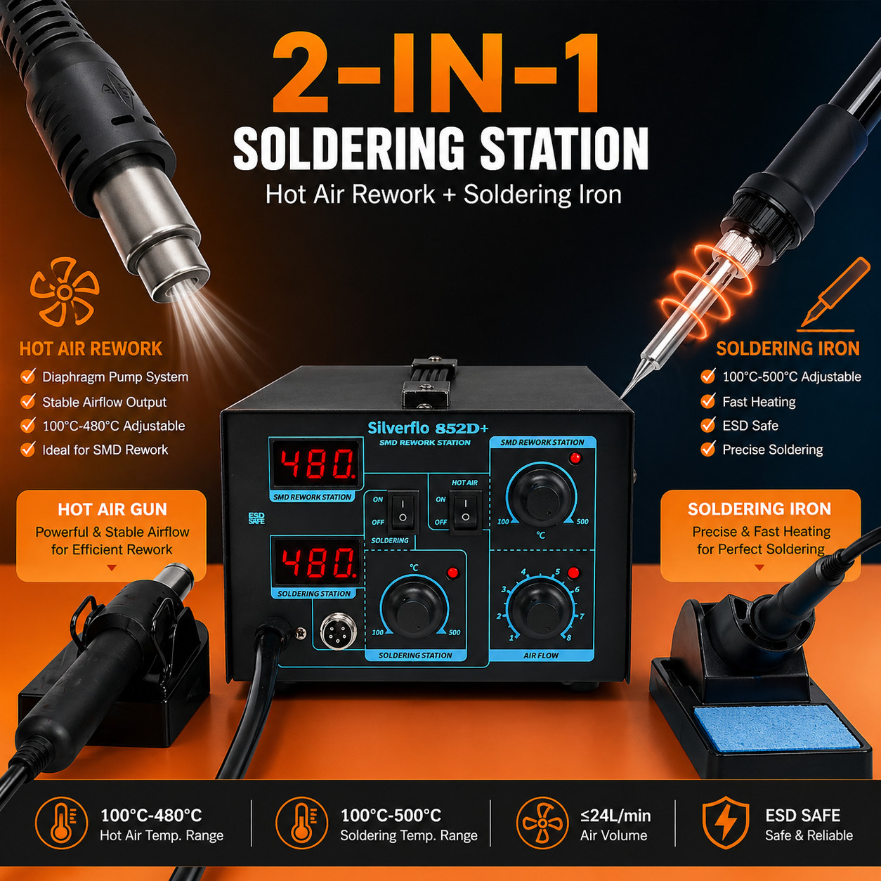 852D+ Soldering & Hot Air Rework Station Stable Air Supply Desoldering Kit